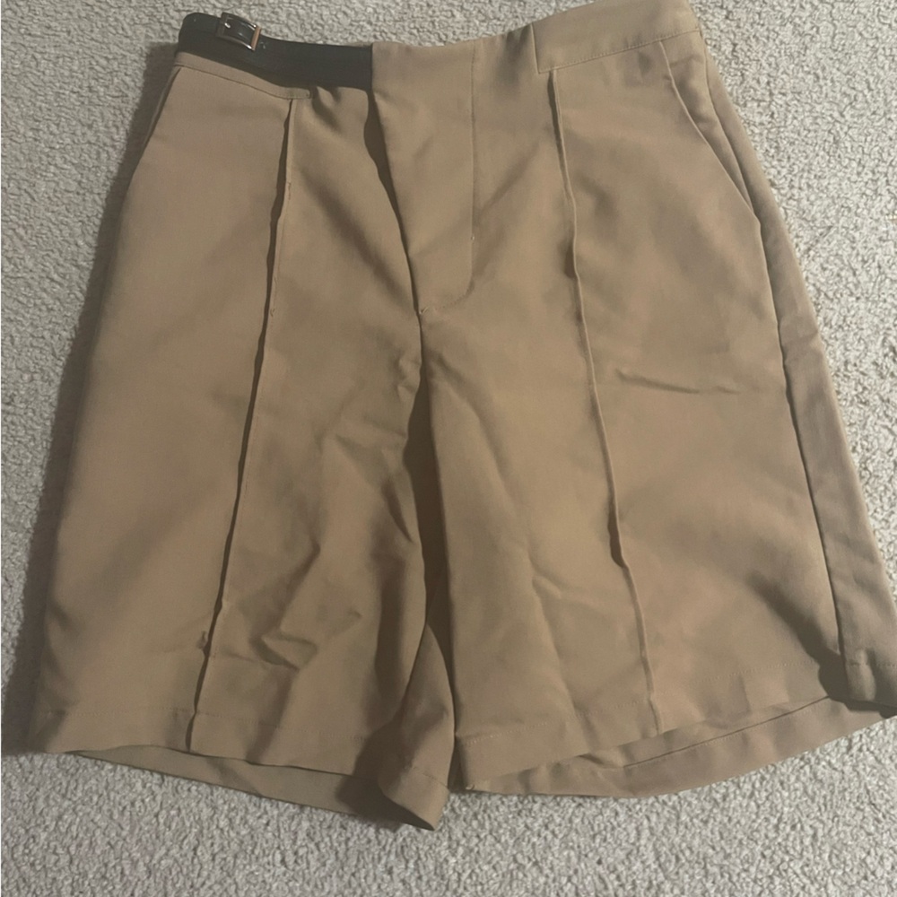 Tan Pleated Shorts with Black Belt